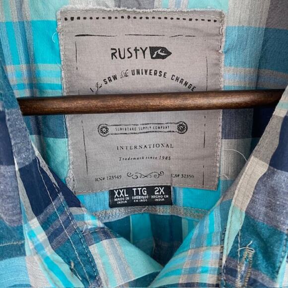 Rusty Blue, Gray and Teal Plaid Button Up - 2XL - Picture 4 of 5